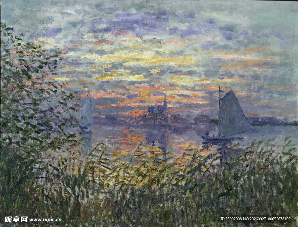 日落河畔印象风景油画