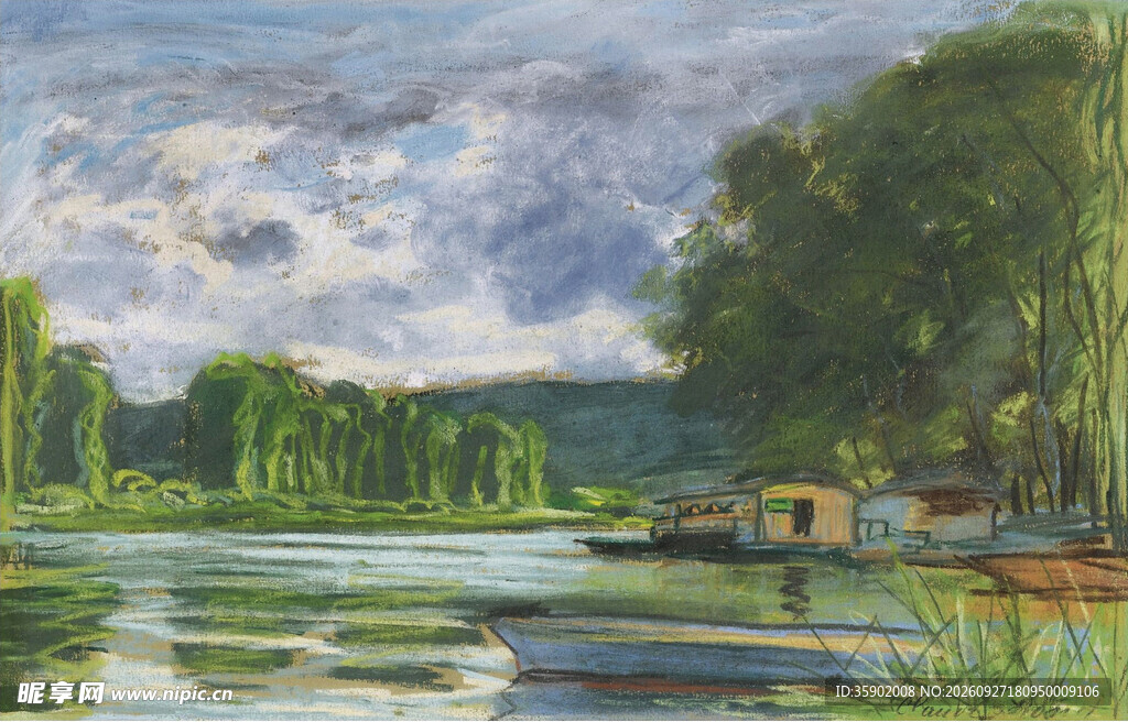 郊野河畔风景油画
