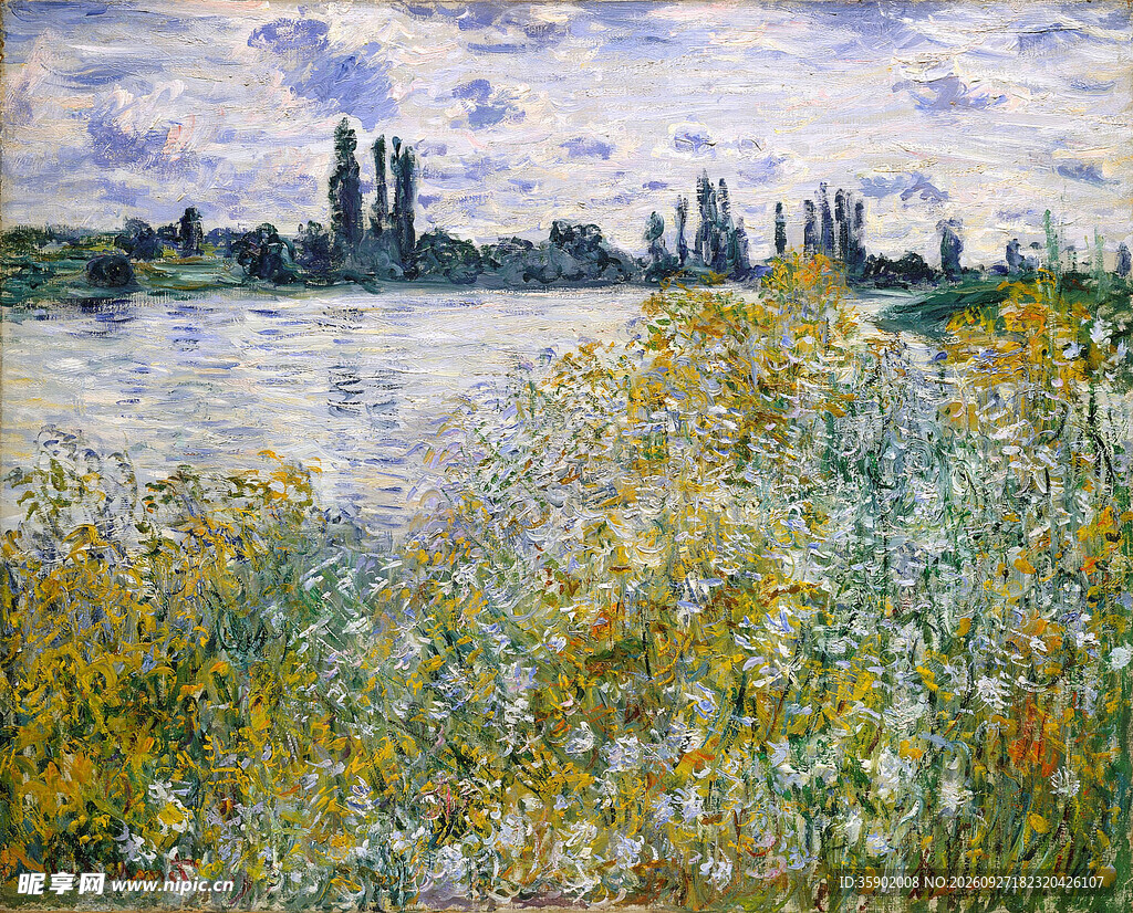 河畔花田风景油画