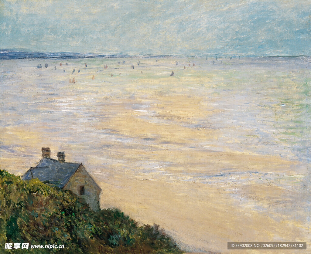 海岸小屋海景油画