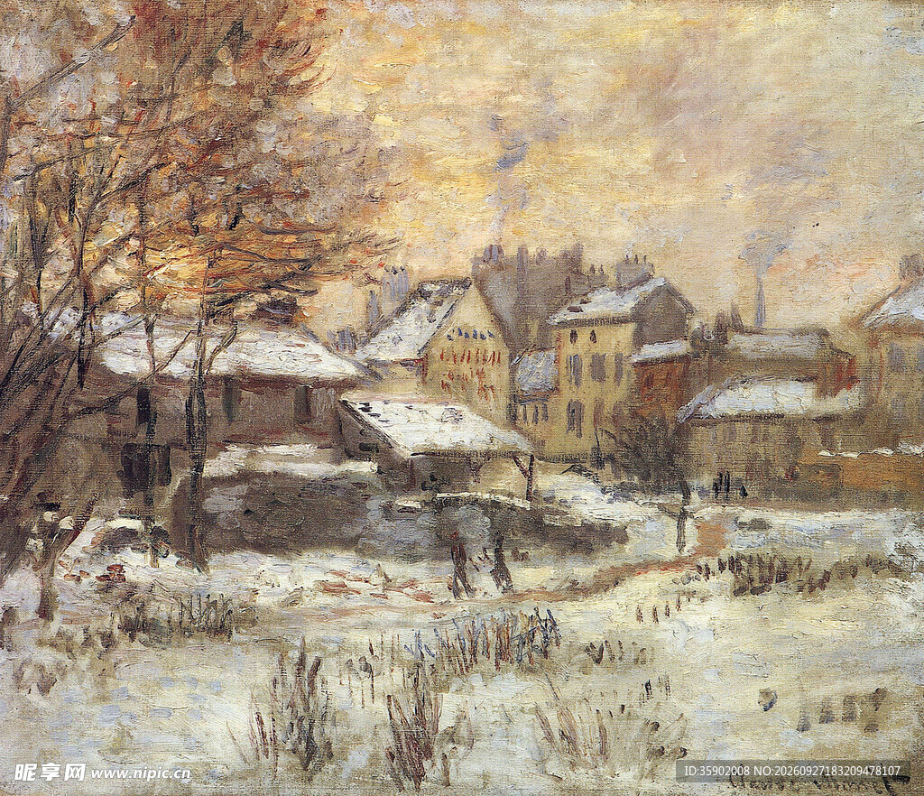 冬日小镇雪景油画