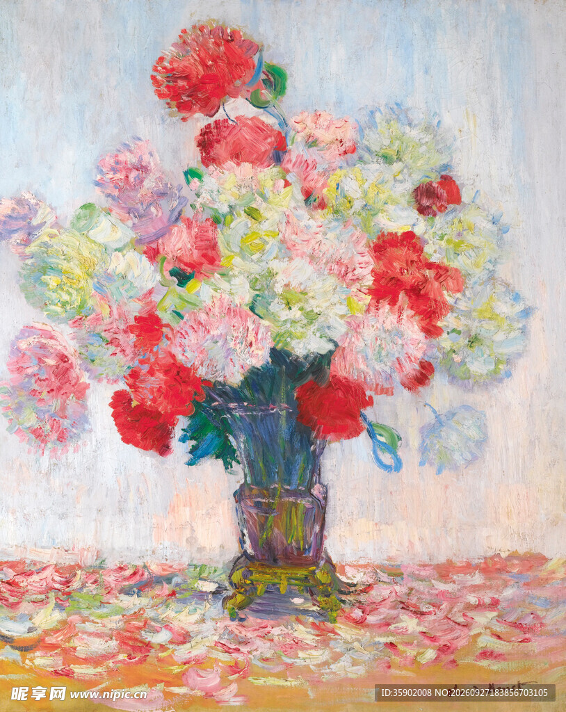 点彩风格瓶花静物油画