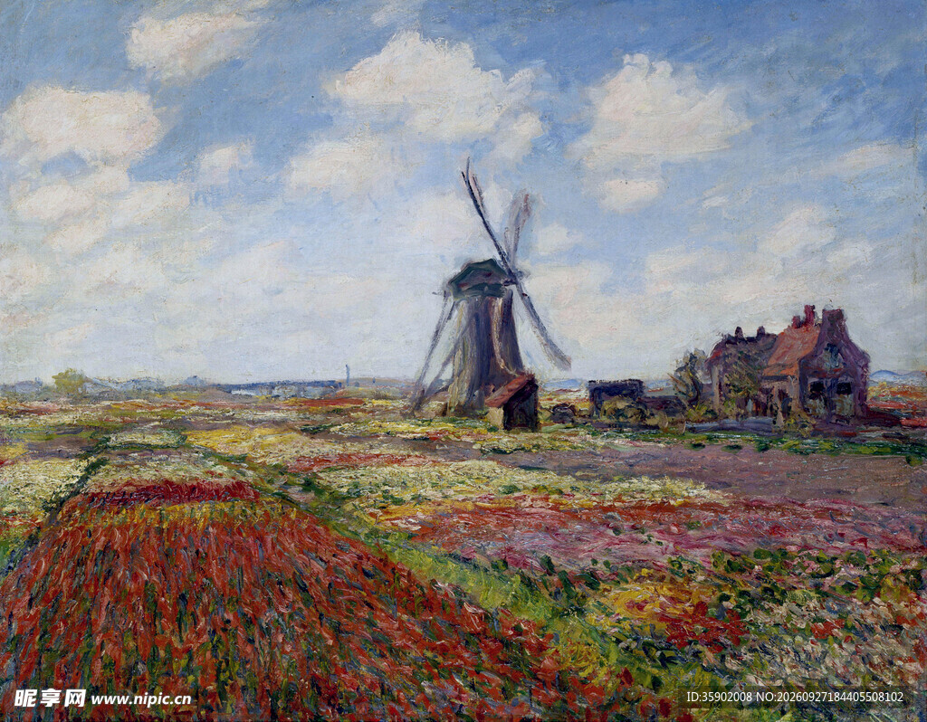 荷兰风车花田风景油画