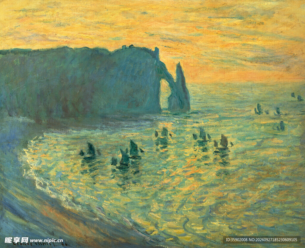 海岸日落印象油画