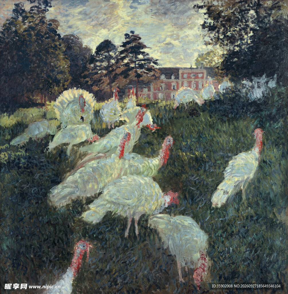 郊野白火鸡风景油画