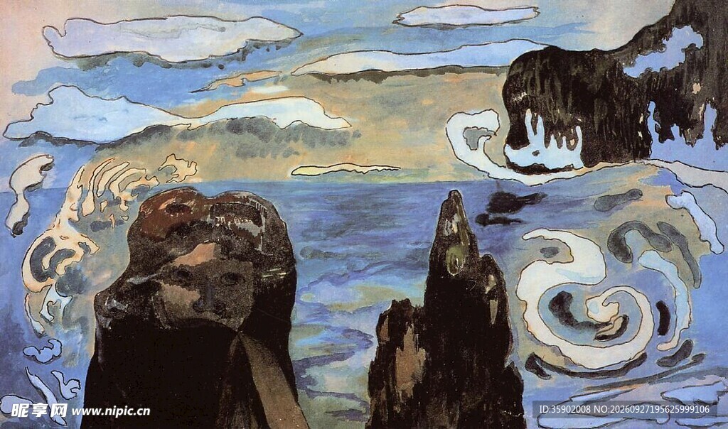 海岸礁石风景油画