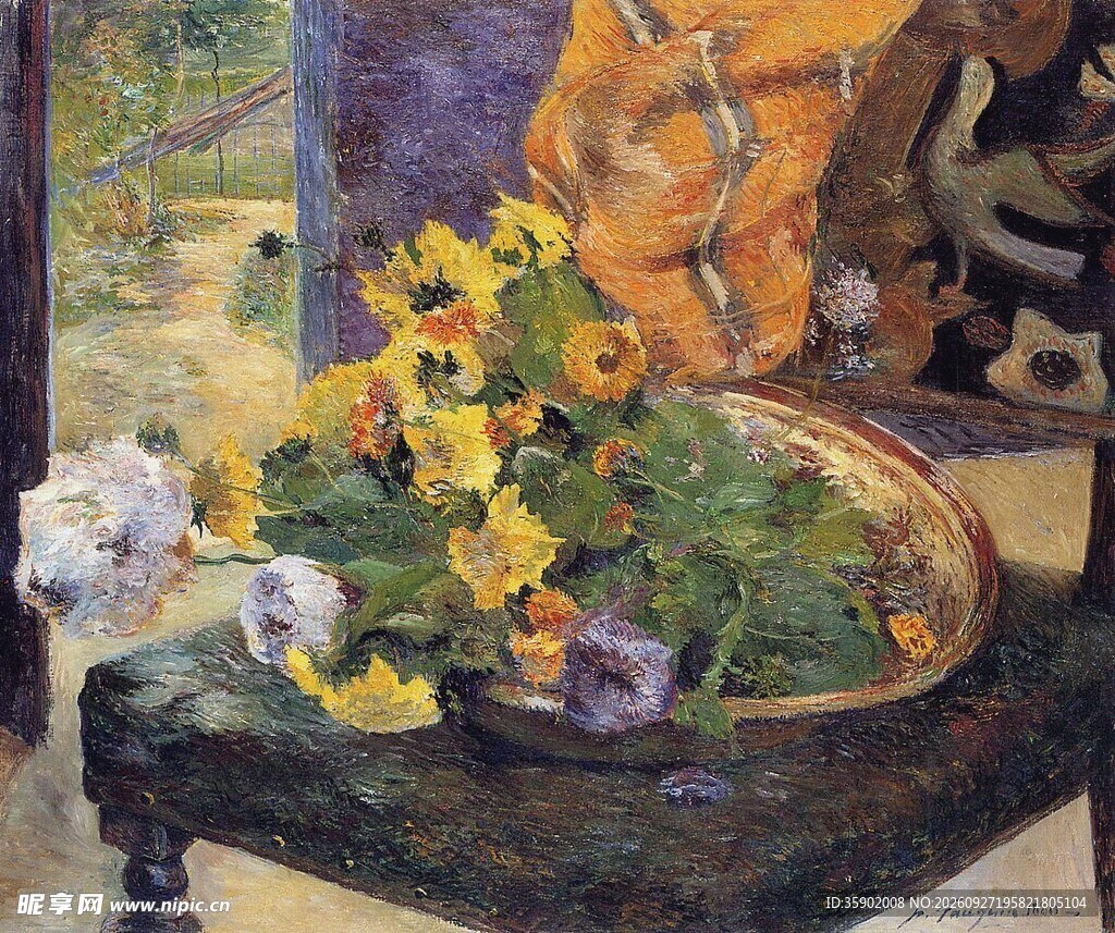 窗边静物花卉油画