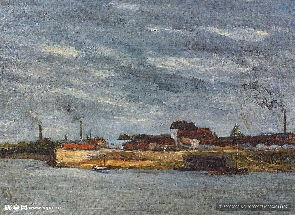 河畔工厂风景油画