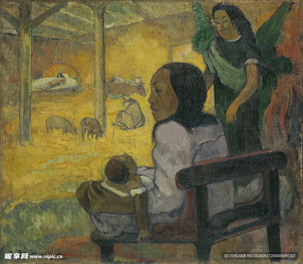 庭院闲坐人物油画