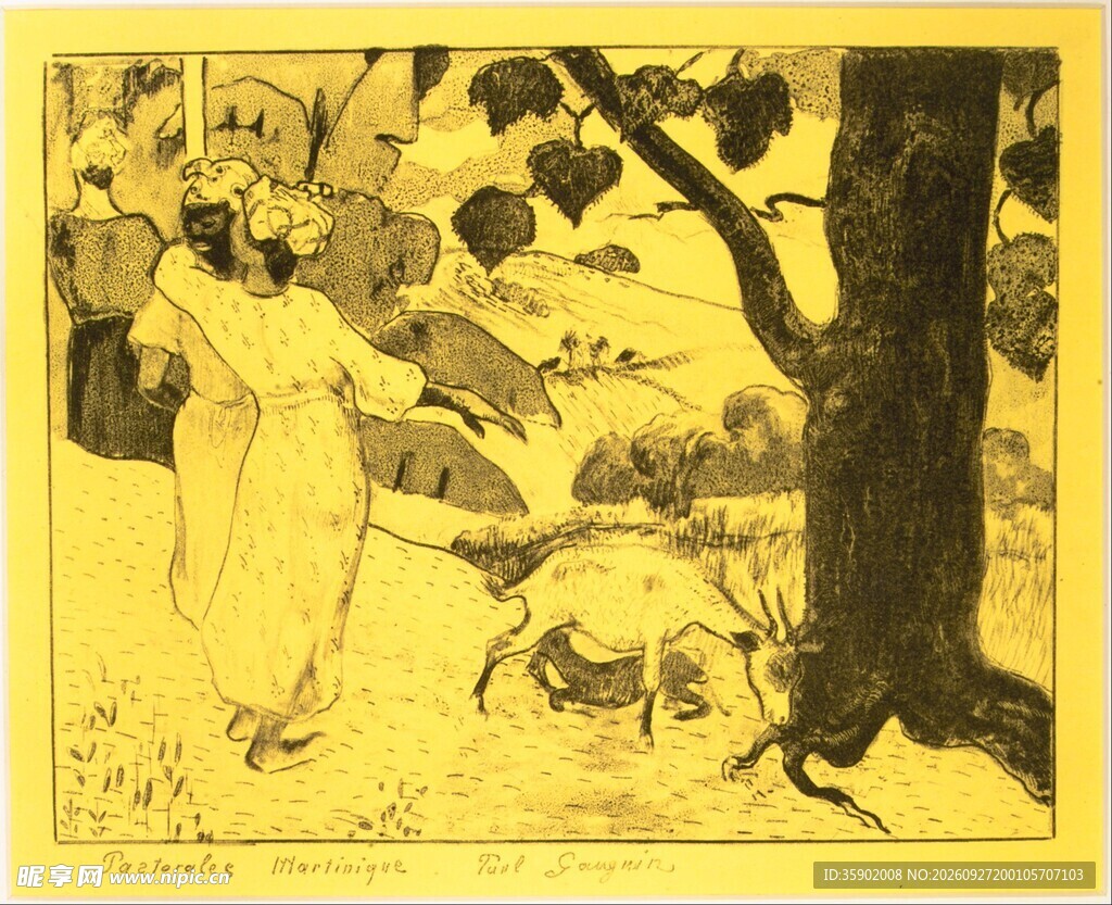 古版画树下劳作场景