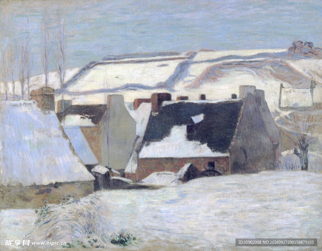 雪后乡村小屋风景油画