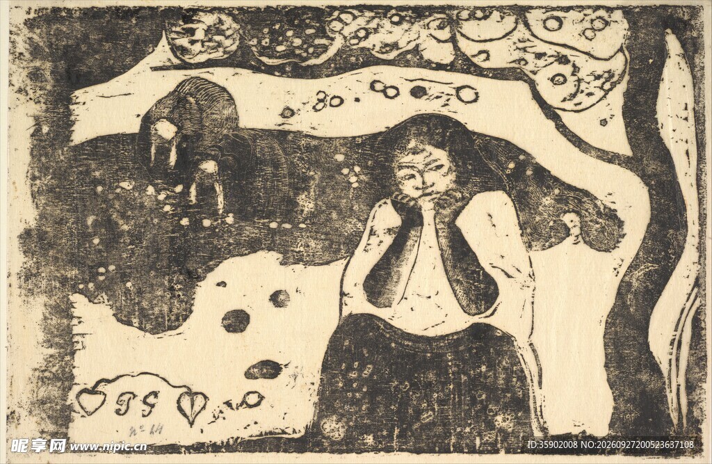 复古版画林间女子