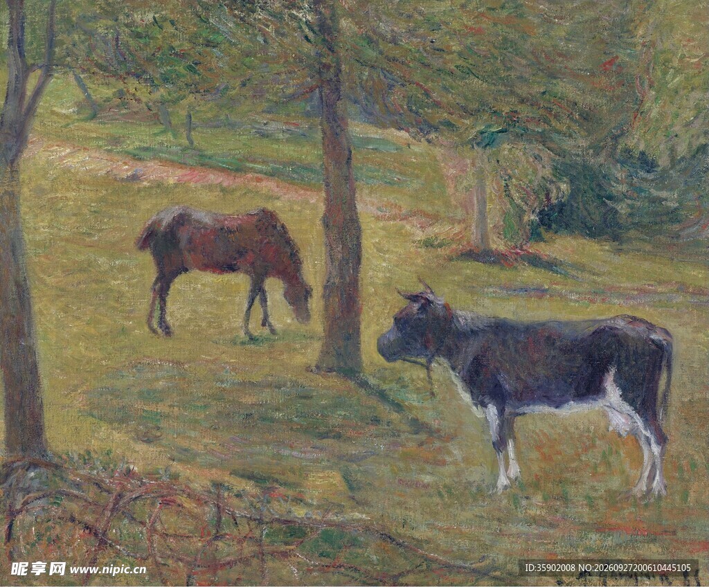 郊野牧牛马油画