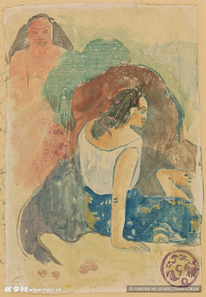 复古水边浴女水彩插画