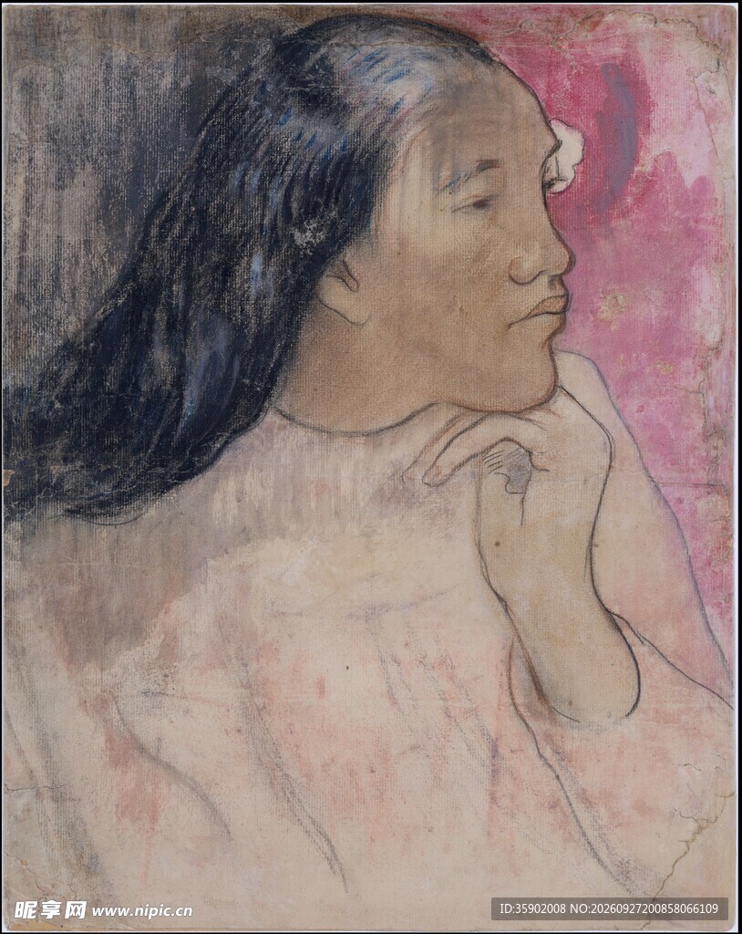托腮沉思女子肖像油画