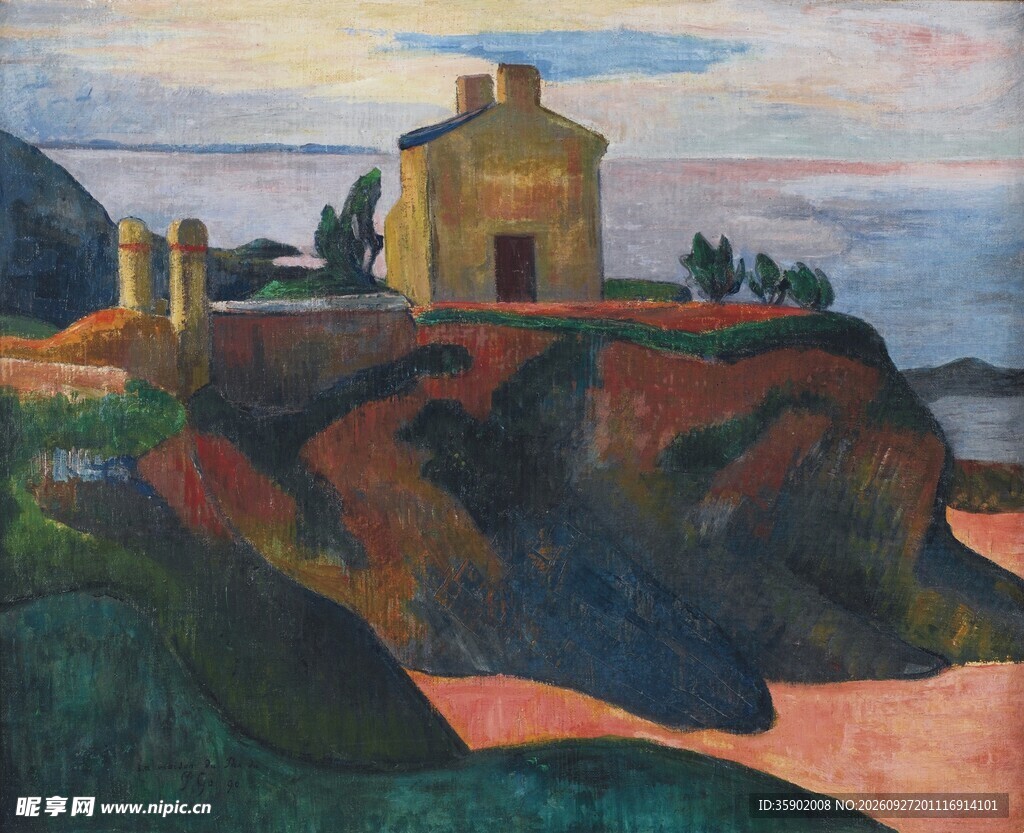 海岸小屋风景油画