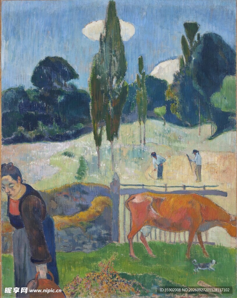 田园牧牛风景油画