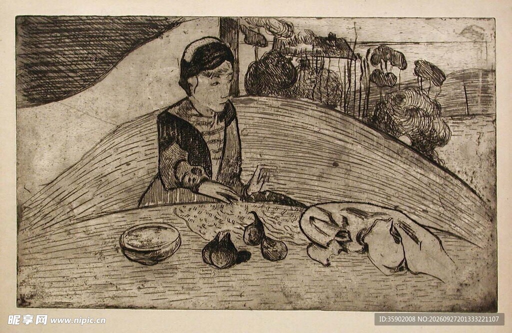 海边人物复古版画