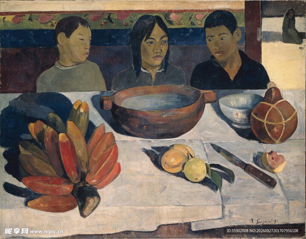 桌前三人静物油画