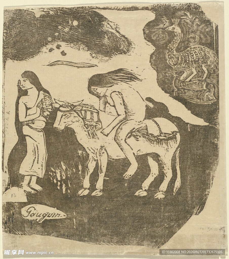 古版画骑驴人物出行图
