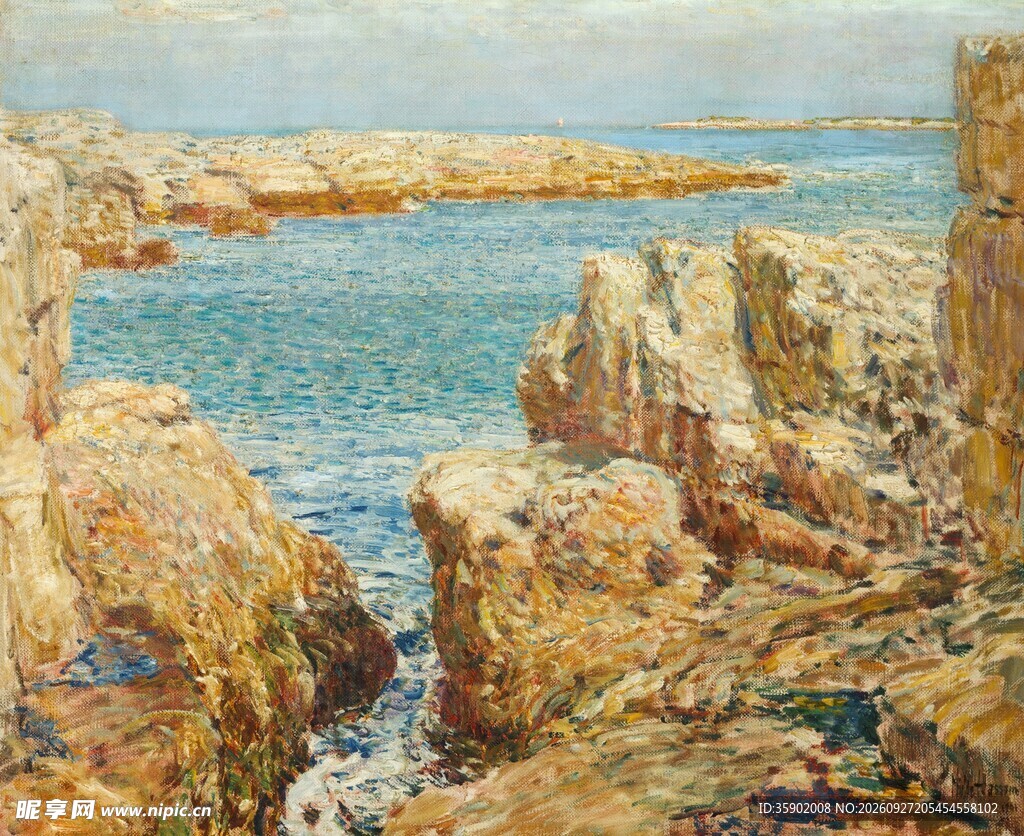 海岸礁石风景油画