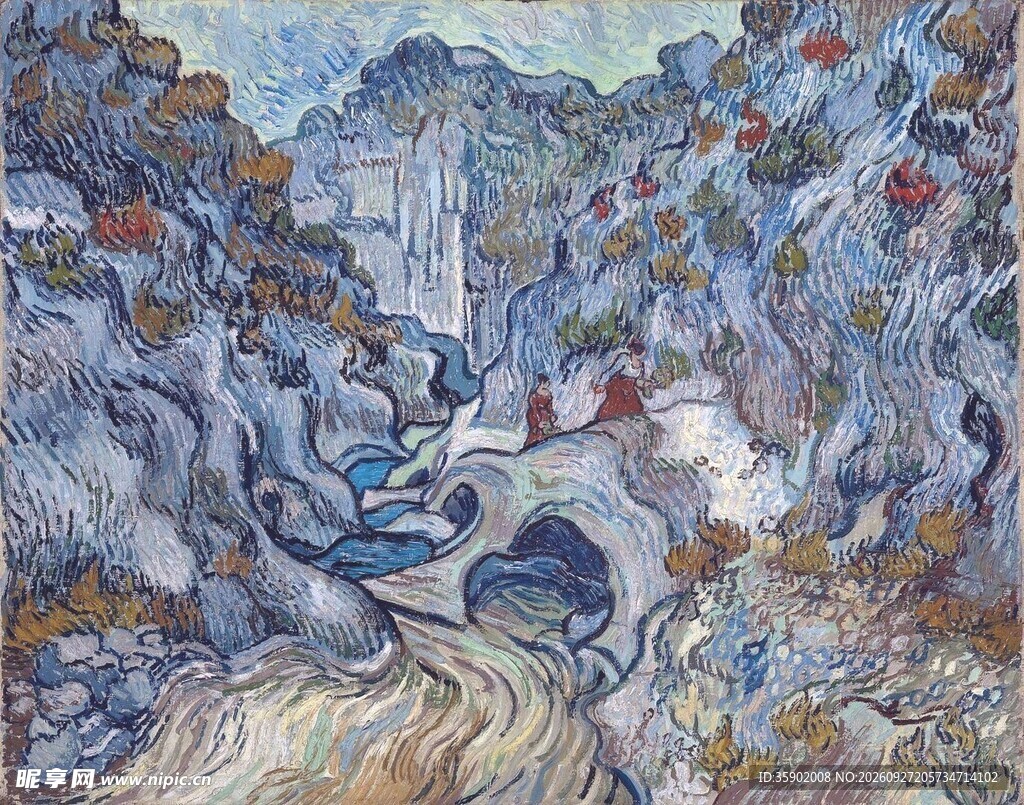 山间瀑布风景油画