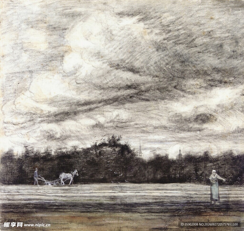复古郊野田园素描风景