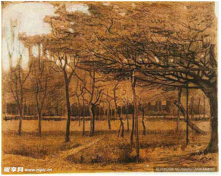 复古林间风景版画