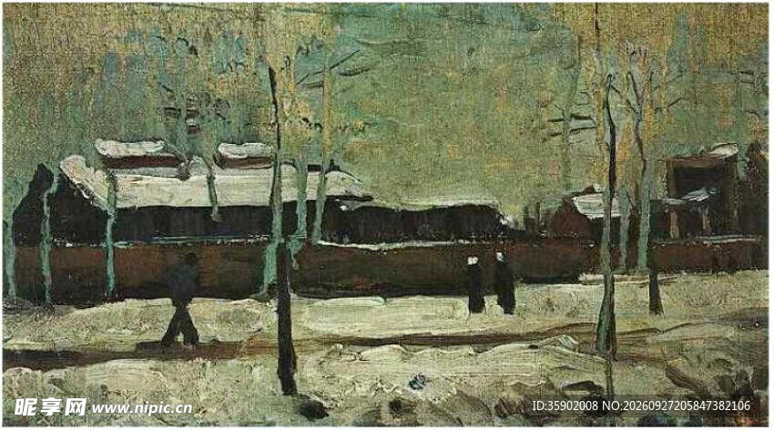 雪后小镇街景油画