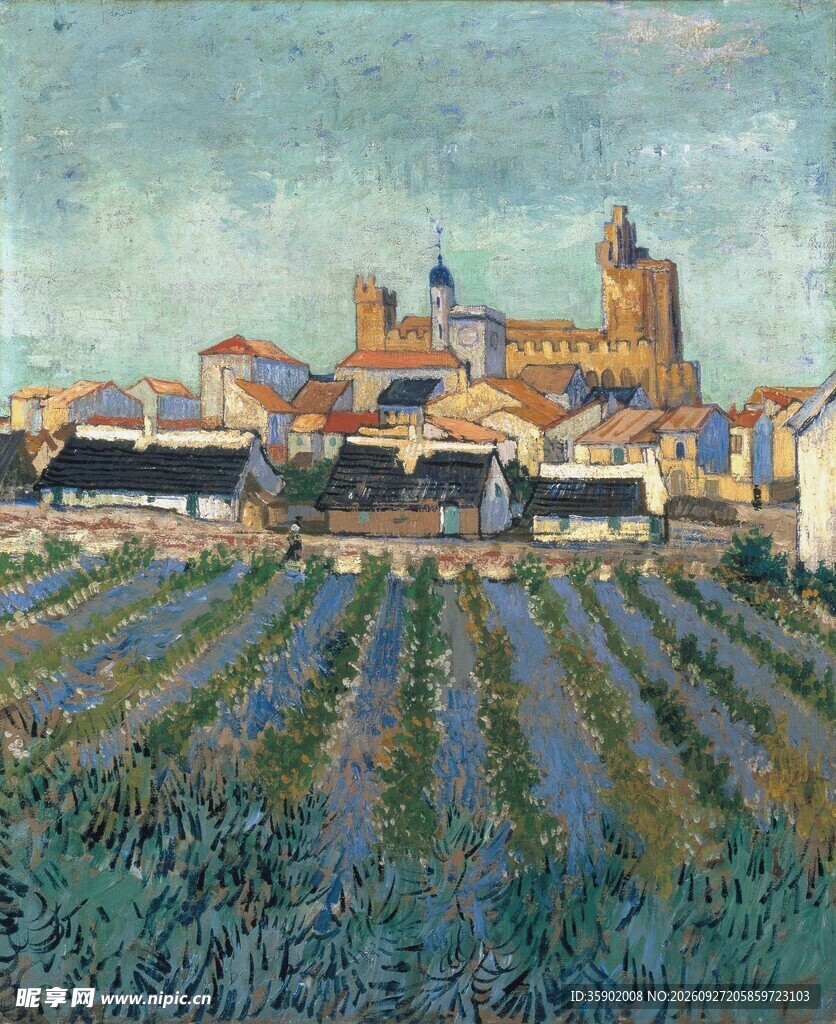 郊野小镇田园风景油画