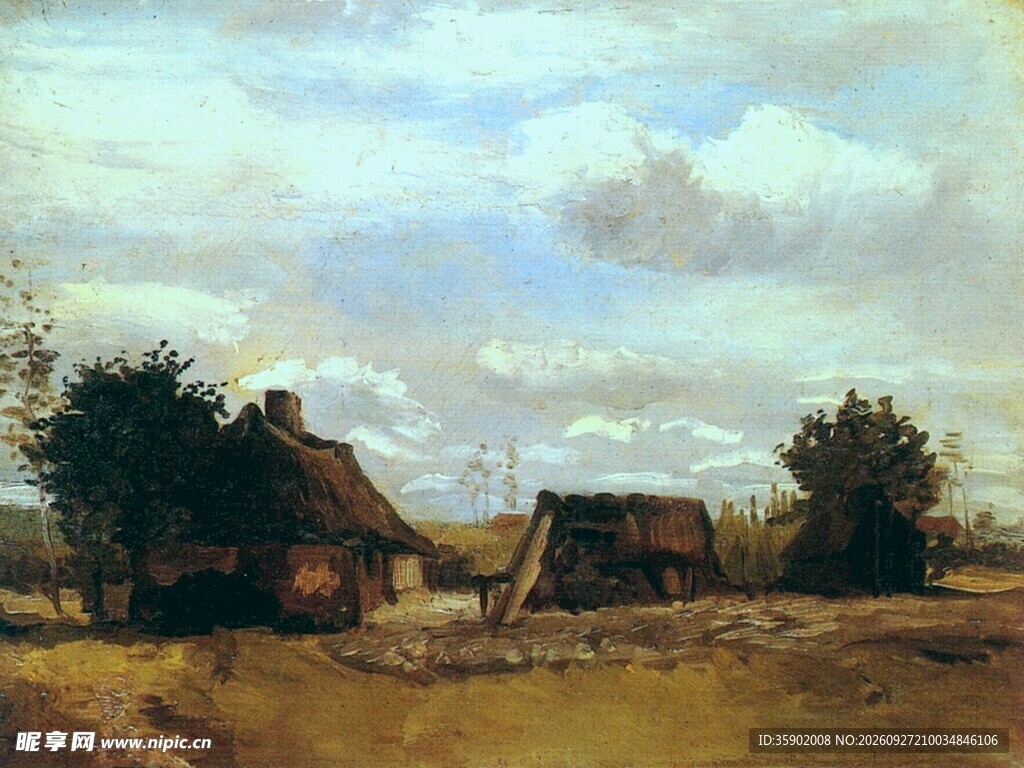 乡村郊野茅屋风景油画