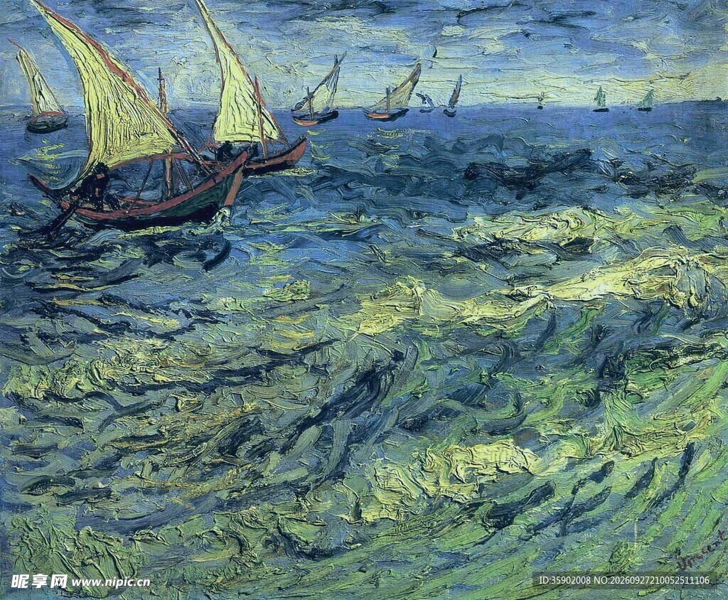 梵高海景帆船油画