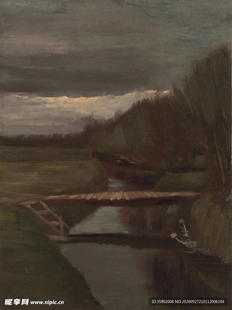 黄昏河畔风景油画