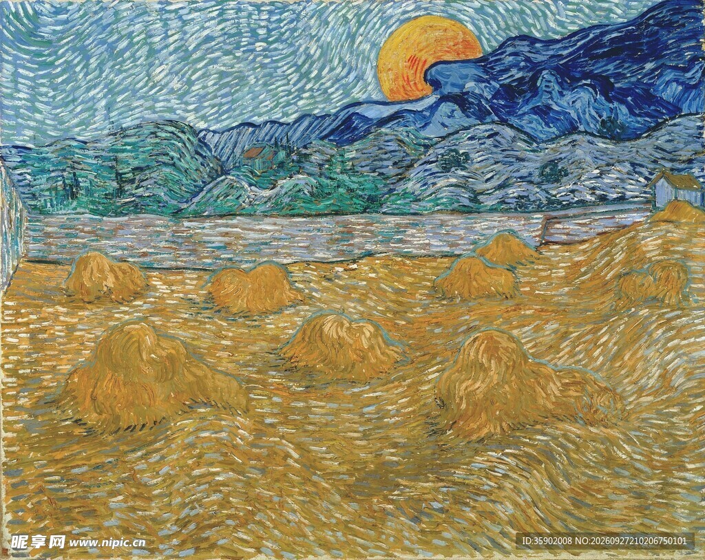 麦田落日风景油画