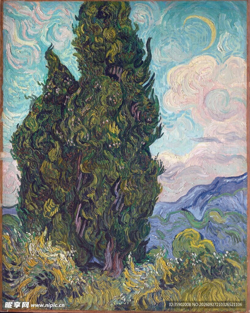 印象派柏树风景油画