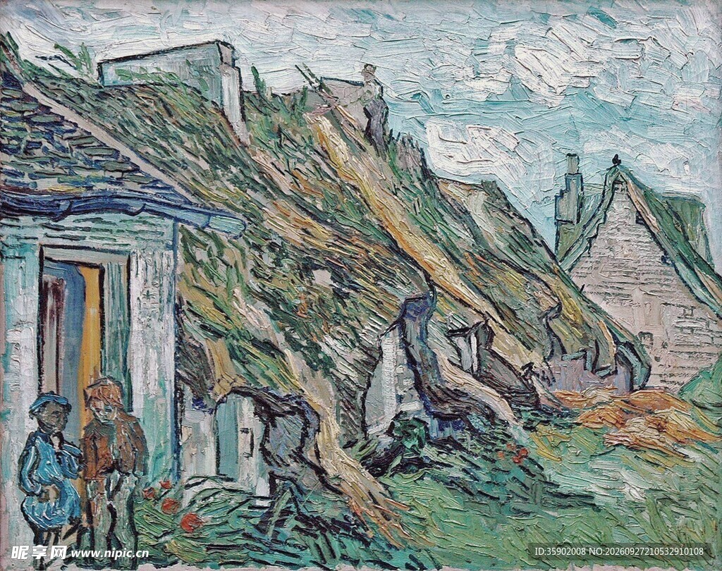 乡村茅草屋风景油画