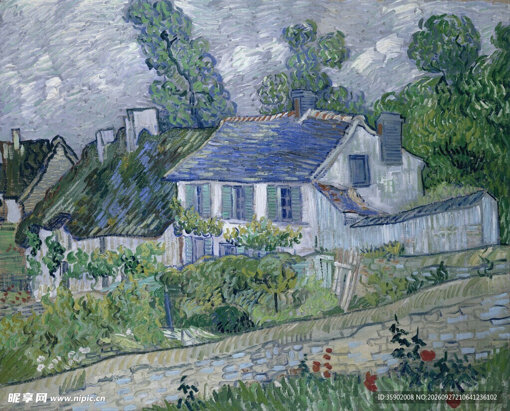 郊野乡村房屋风景油画