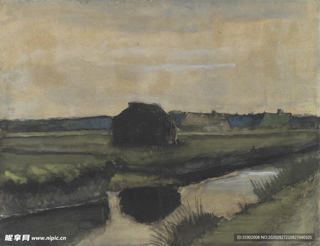 郊野河畔风景油画