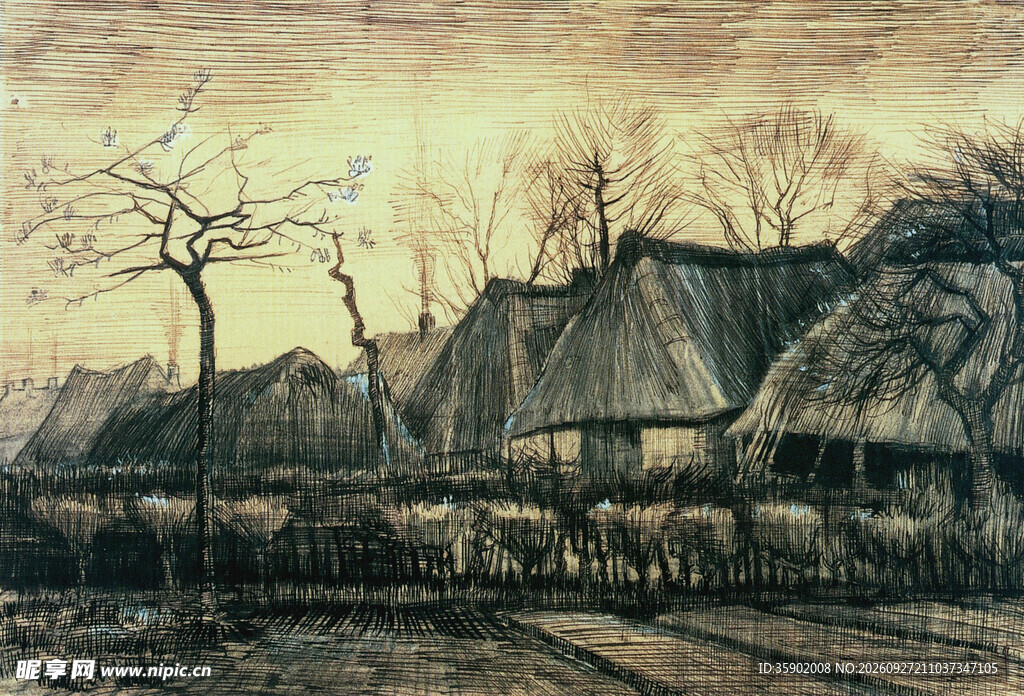 乡村茅屋风景油画