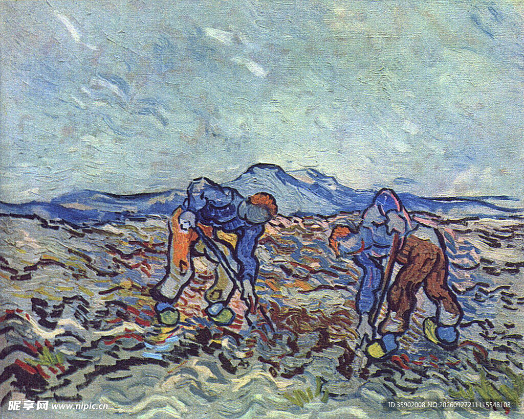 田间劳作农民油画
