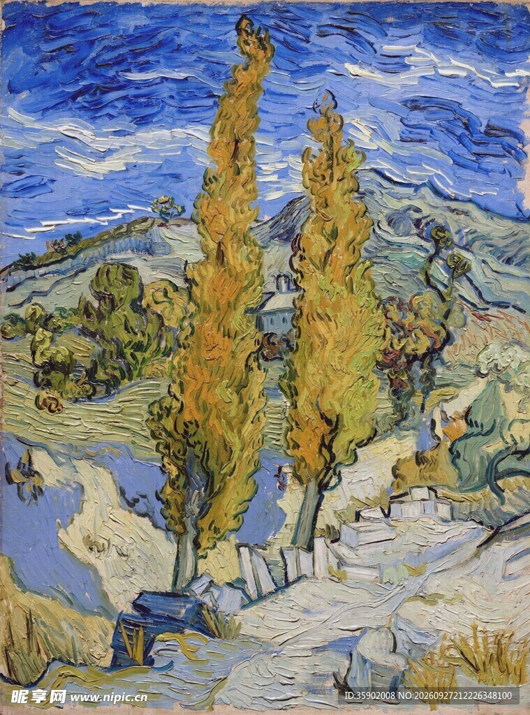 梵高杨树风景油画