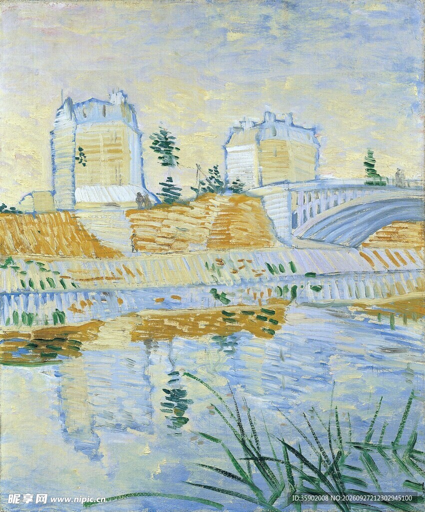 河畔水岸风景油画