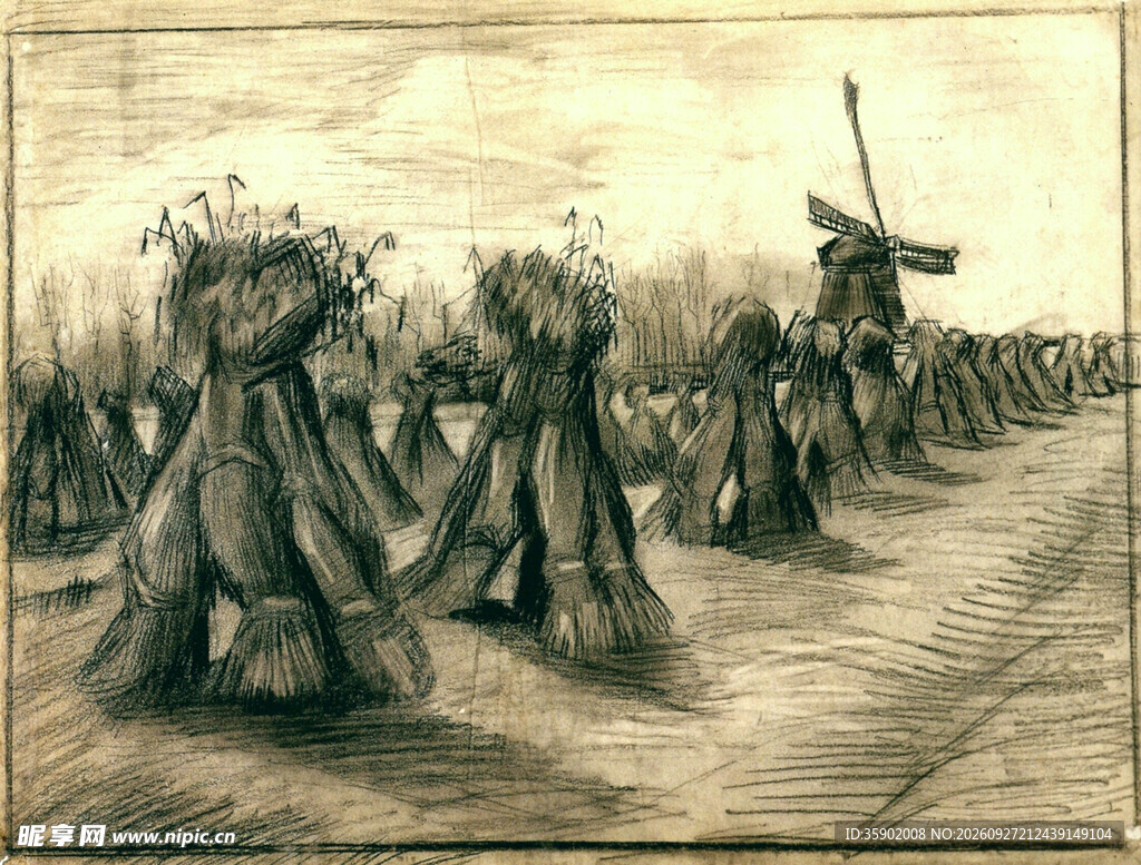 复古乡野草垛风车版画