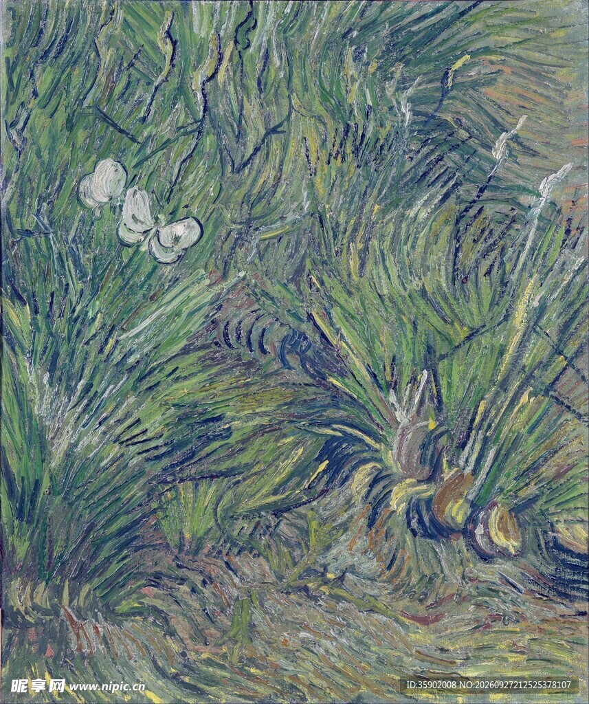草丛蝴蝶后印象派油画