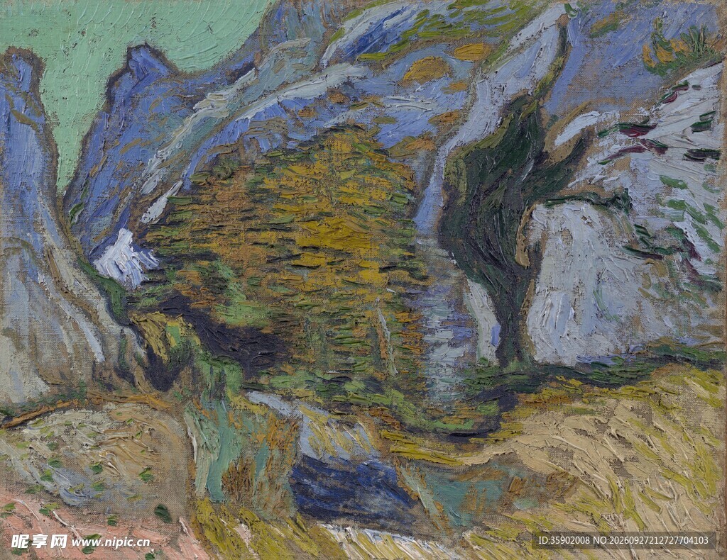 山间农舍风景油画