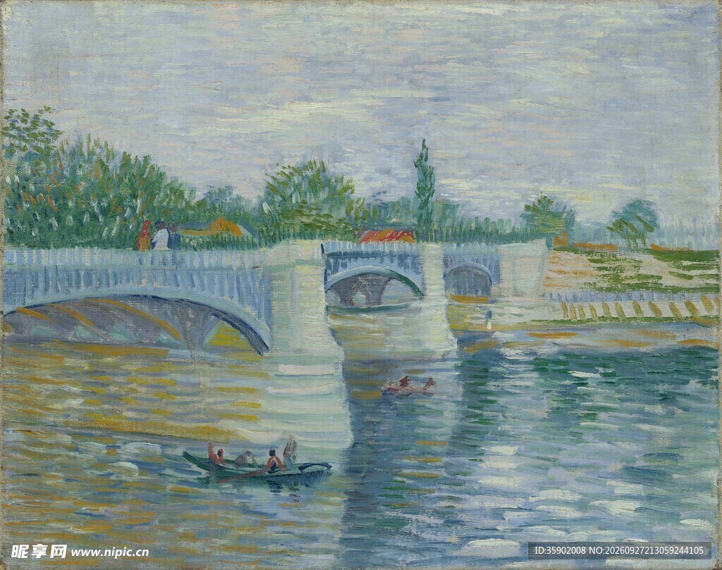 河畔石桥风景油画