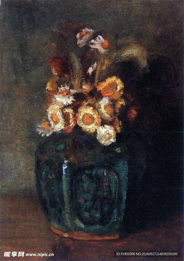 复古瓶花静物油画