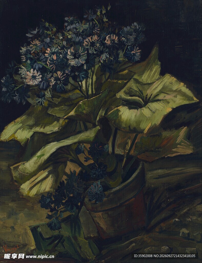 复古暗调花叶油画