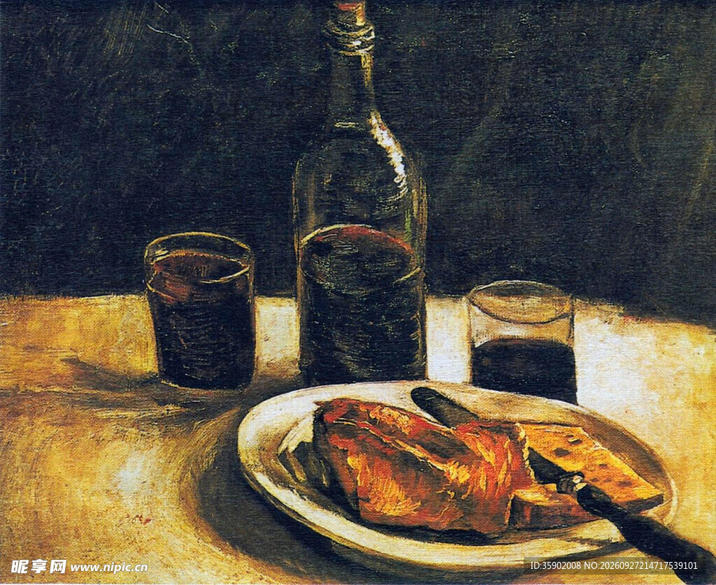 静物油画 酒与餐食