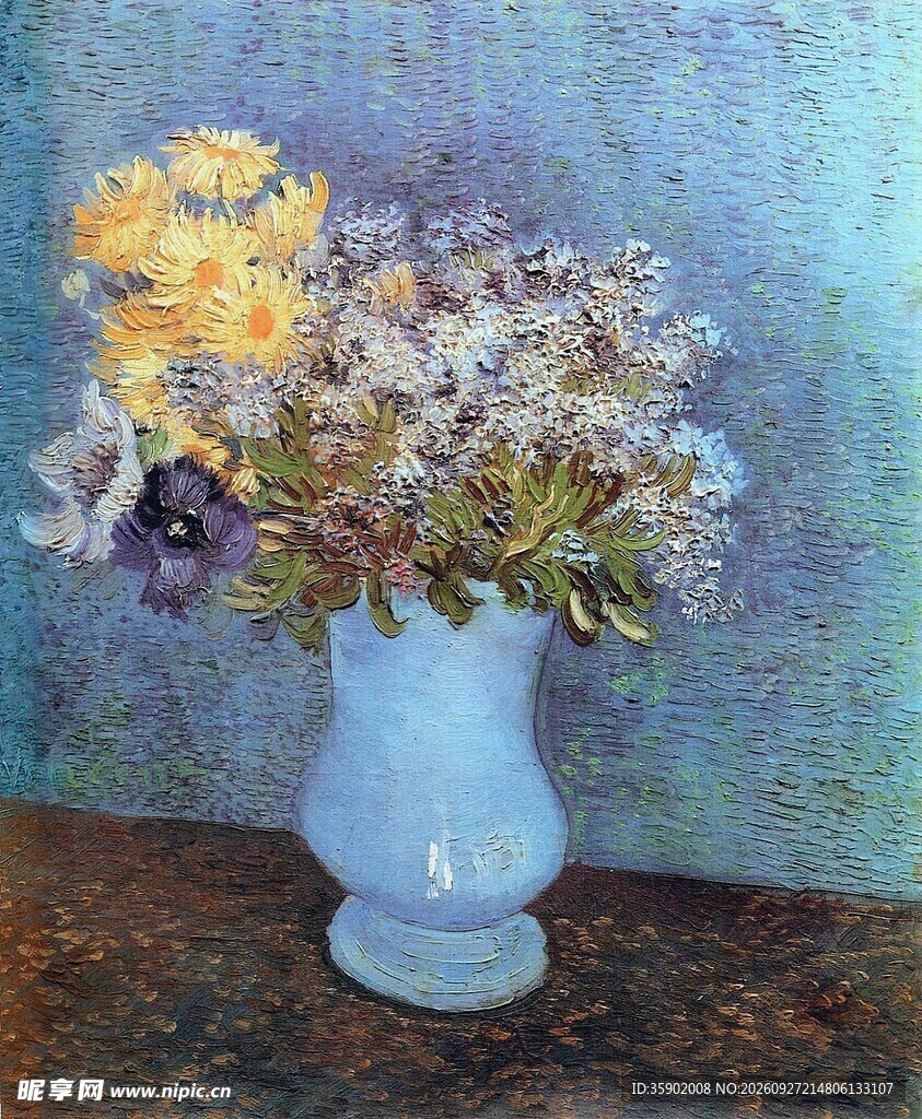 浅蓝花瓶花卉静物油画